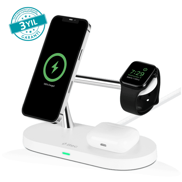 ttec AirCharger Quattro M MagSafe Uyumlu 4ü1 Arada iPhone + Apple Watch + AirPods LED Aydınlatmalı Kablosuz Şarj Standı